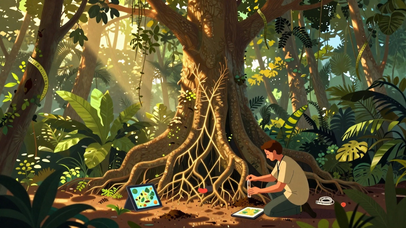Investigador coleta amostra de solo na floresta junto a uma raiz grande com tablet e equipamentos digitais.