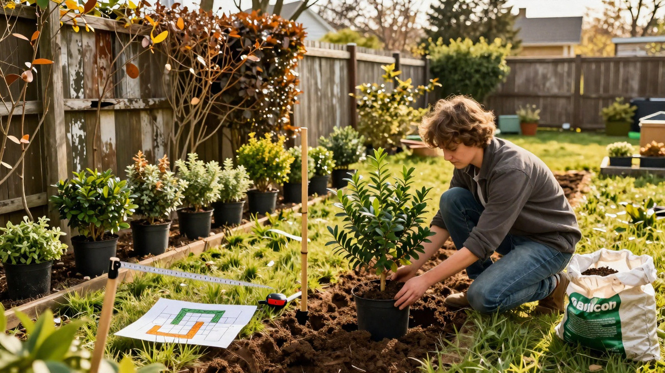 Jovem a plantar uma árvore num jardim com várias plantas em vasos ao redor.
