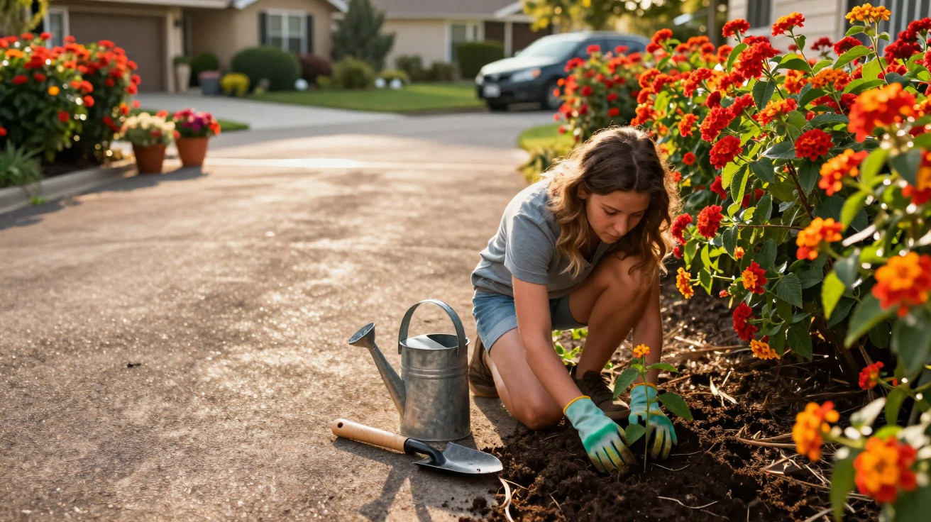 Mulher a cuidar de plantas numa bordadura florida junto a uma calçada residencial ensolarada.