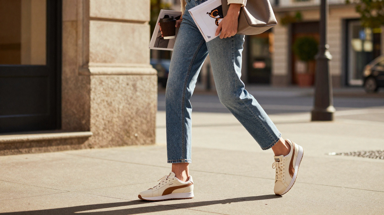 Pessoa a andar na rua com jeans, tênis brancos e castanhos, segurando café e revistas.