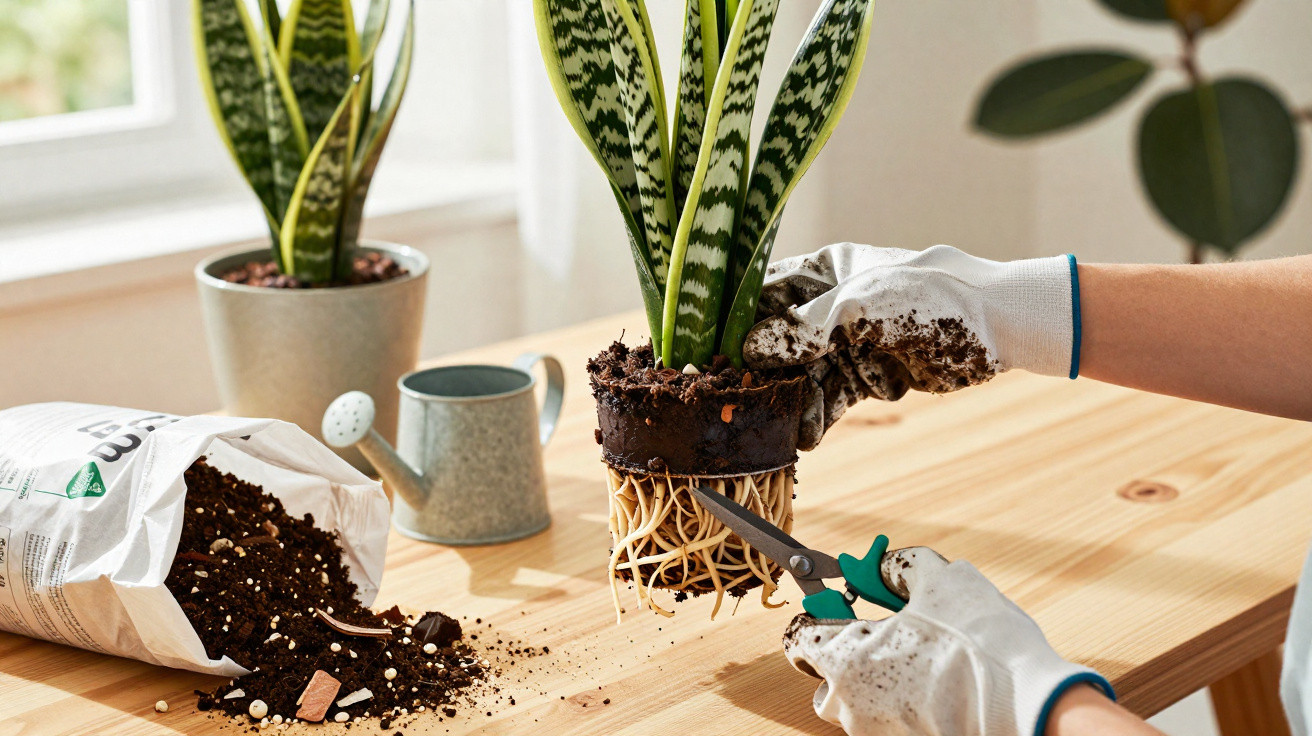 Pessoa transplantando planta com luvas, tesoura e terra num ambiente interior iluminado pela luz natural.