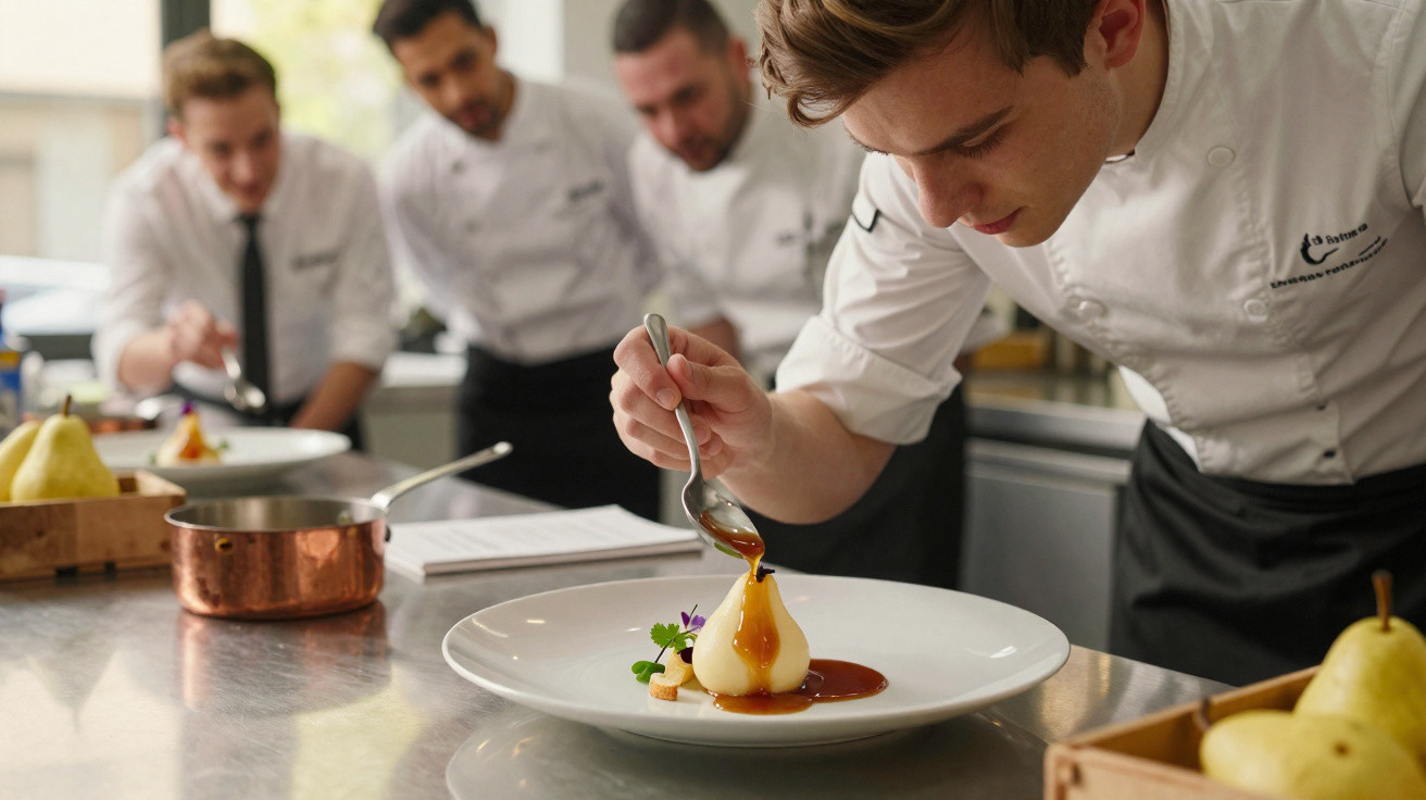 Chef a decorar sobremesa com molho num prato branco, enquanto outros observam numa cozinha profissional.