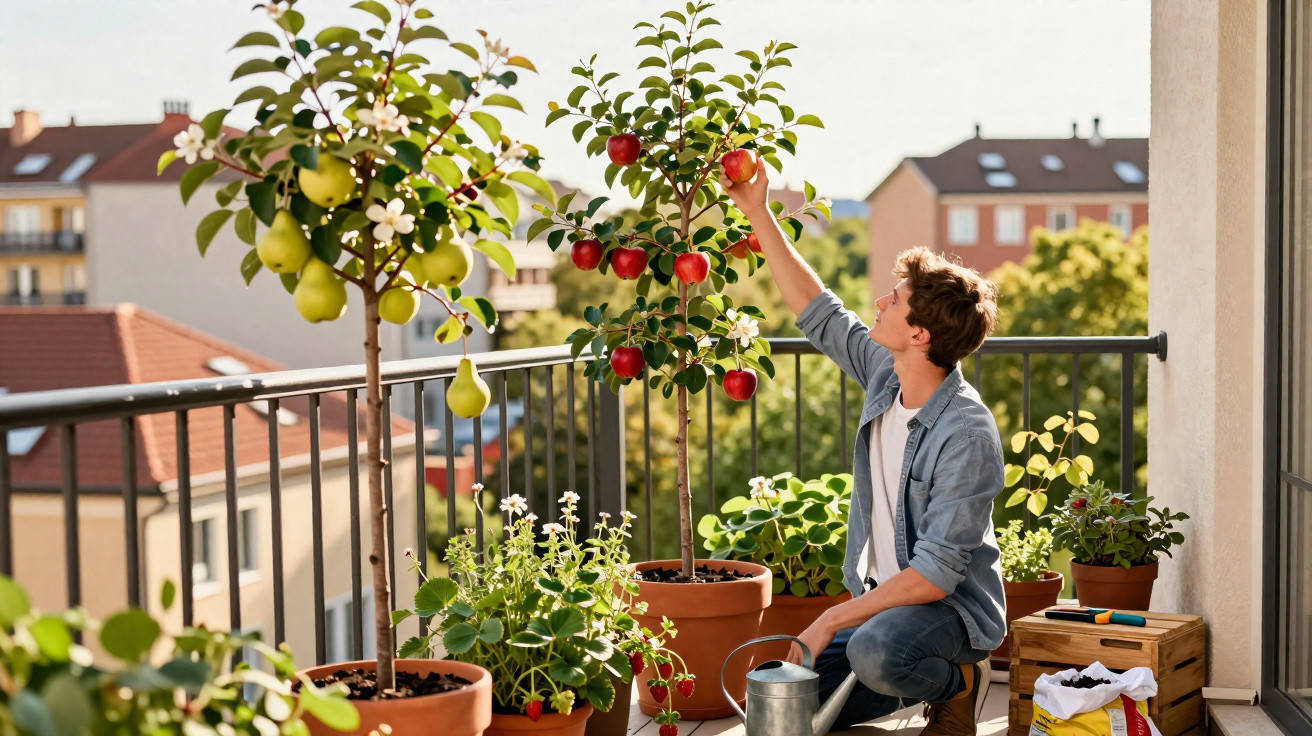 Jovem a colher maçãs num vaso numa varanda com várias plantas e árvores frutíferas ao fim da tarde.