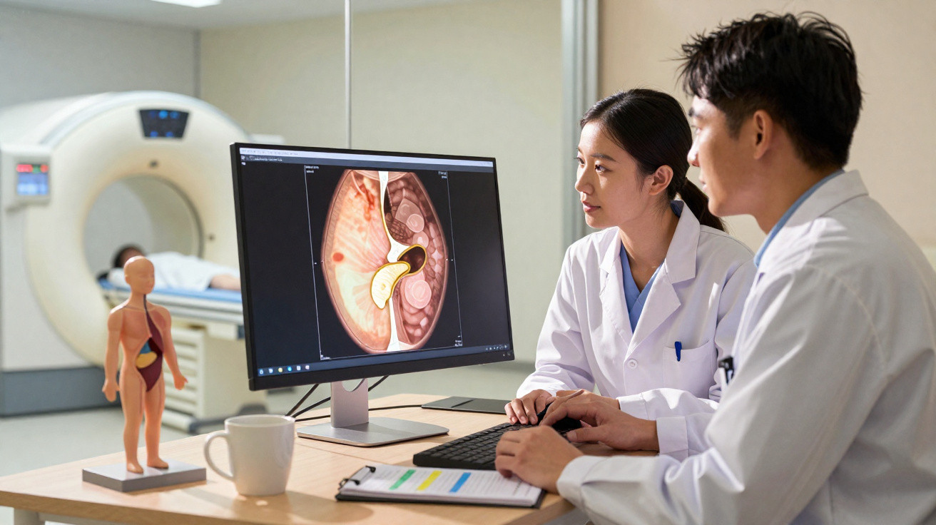 Dois médicos analisam imagens de tomografia computadorizada de mama num computador no hospital.