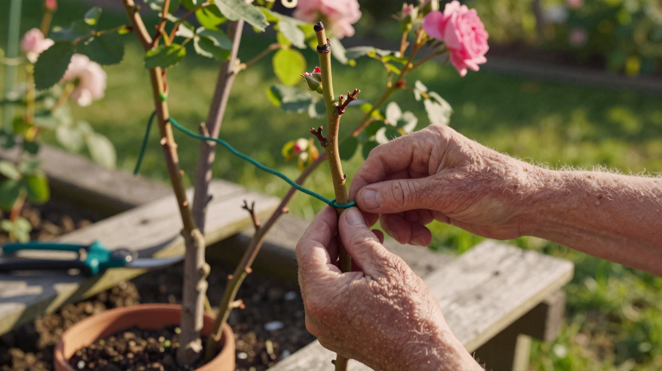 Mãos idosas a amarrar ramo de roseira a suporte com fita azul num jardim ensolarado.