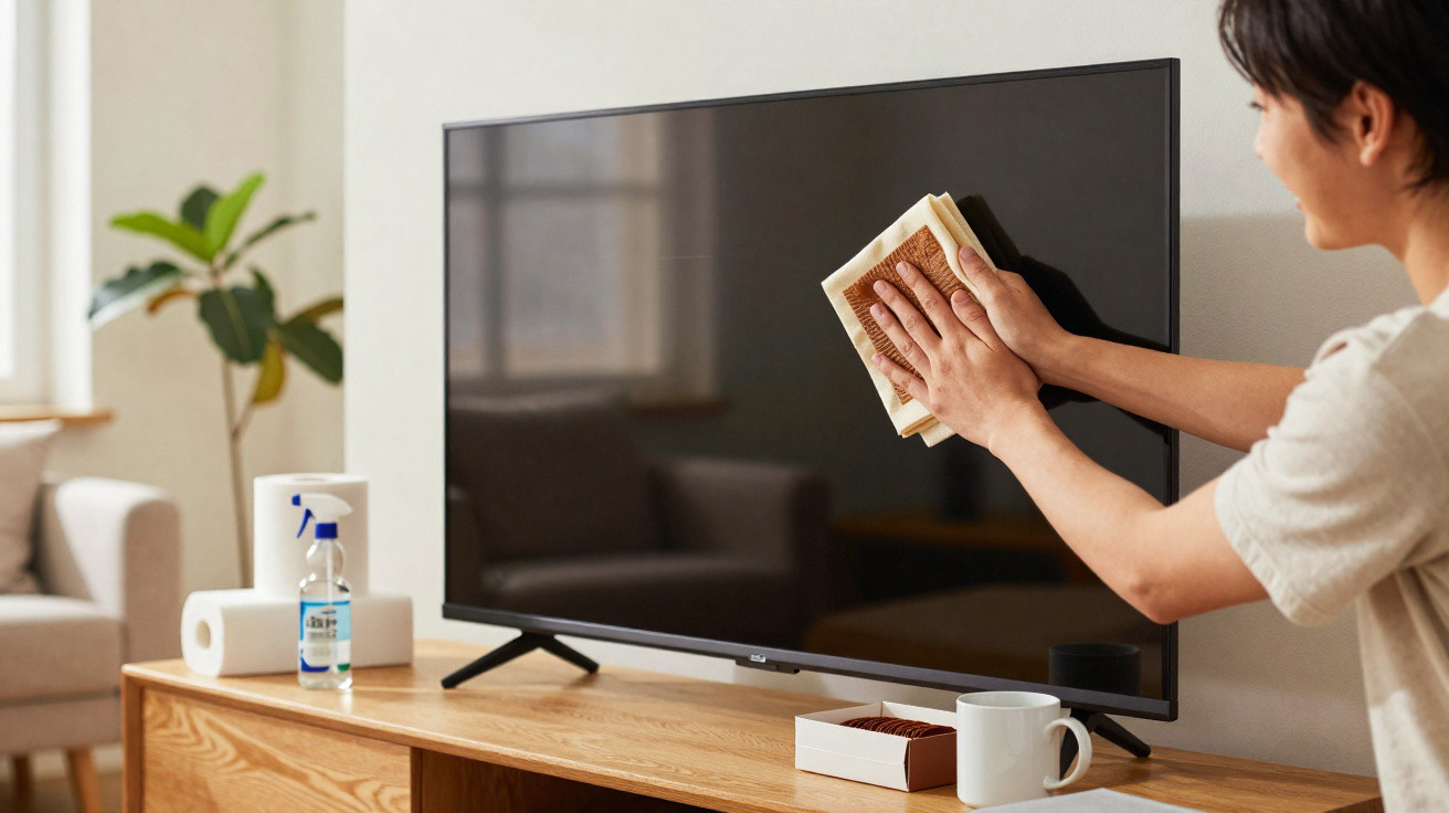 Pessoa a limpar e preparar uma televisão num ambiente doméstico com objetos de limpeza à vista.