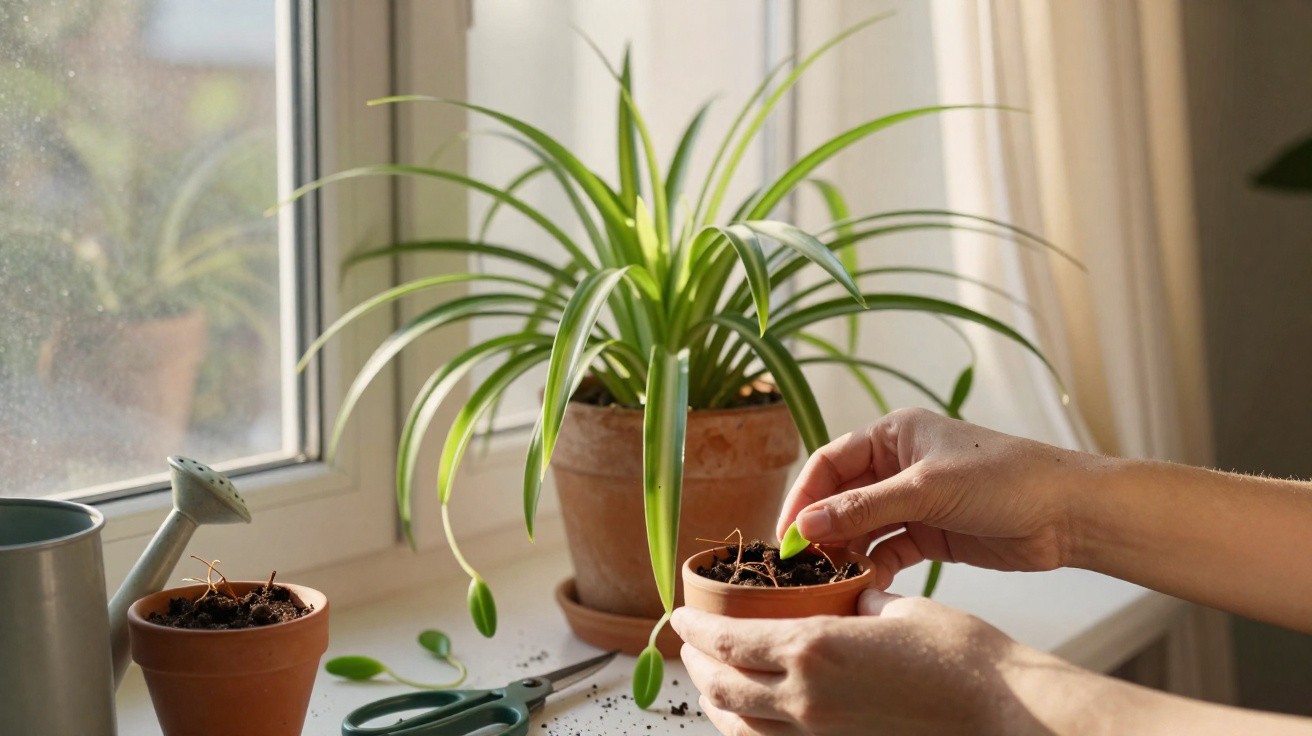 Mãos a plantar sementes em vaso pequeno junto a planta verde maior numa janela iluminada.
