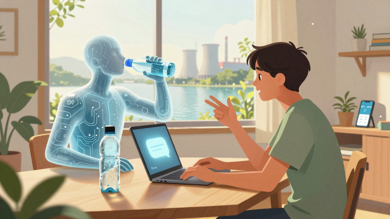 Pessoa humana sentada a conversar e a usar portátil com figura digital translúcida a beber água na mesa.