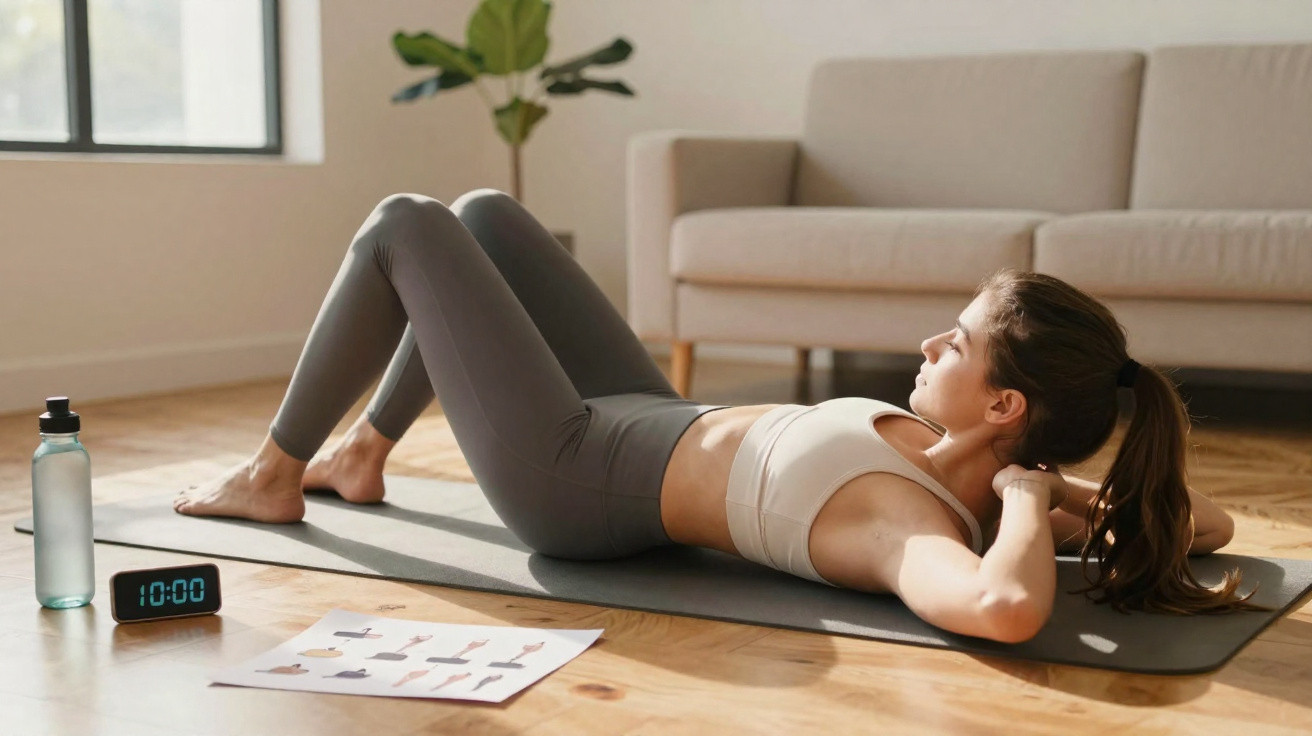 Mulher a fazer abdominais num tapete de yoga em casa, com garrafa de água e relógio digital.