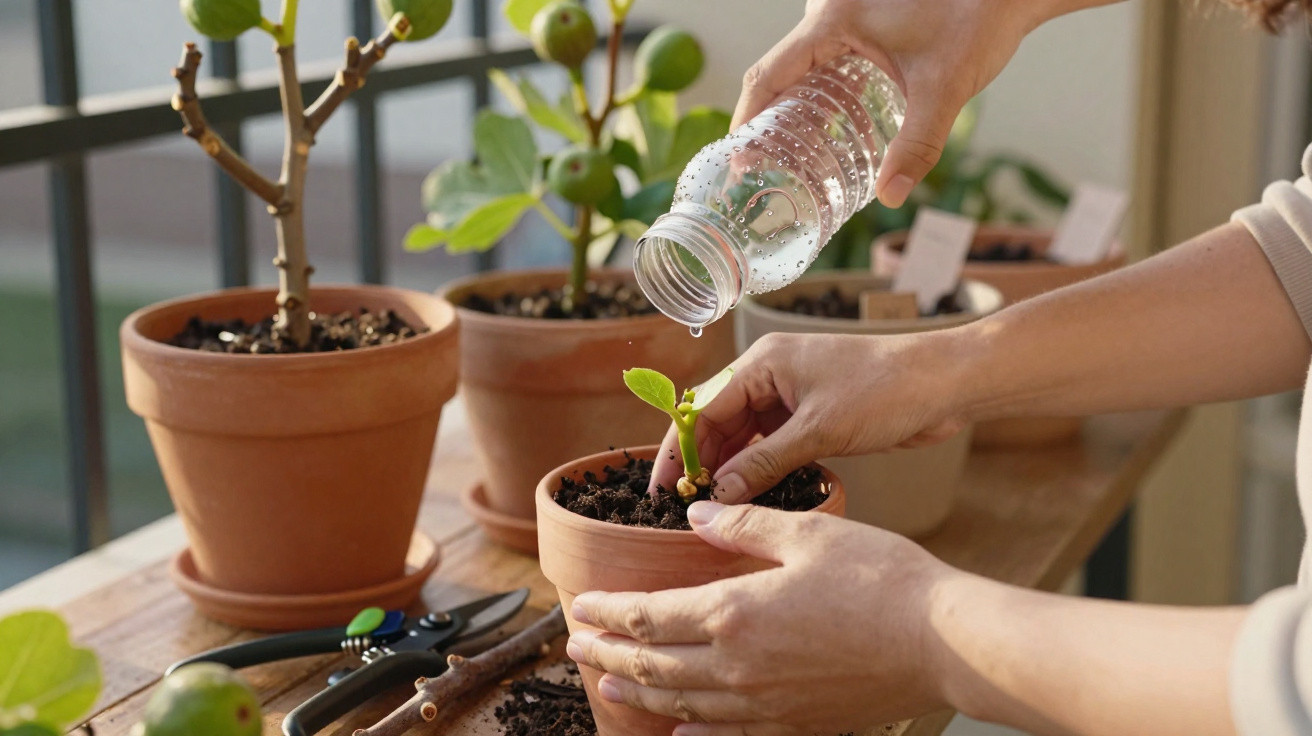 Pessoa a regar uma pequena planta num vaso de barro numa mesa com outras plantas e ferramentas de jardinagem.