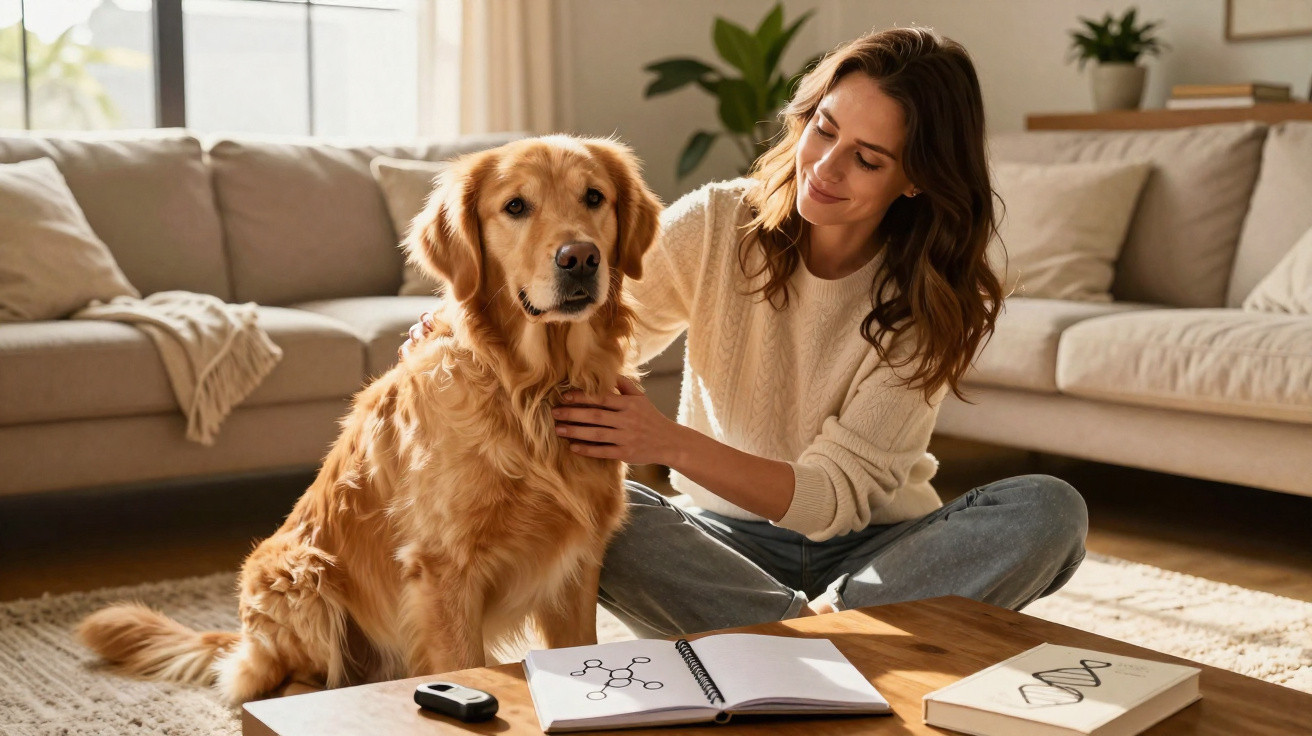 Mulher sentada no chão a acariciar um cão Golden Retriever numa sala iluminada e acolhedora.