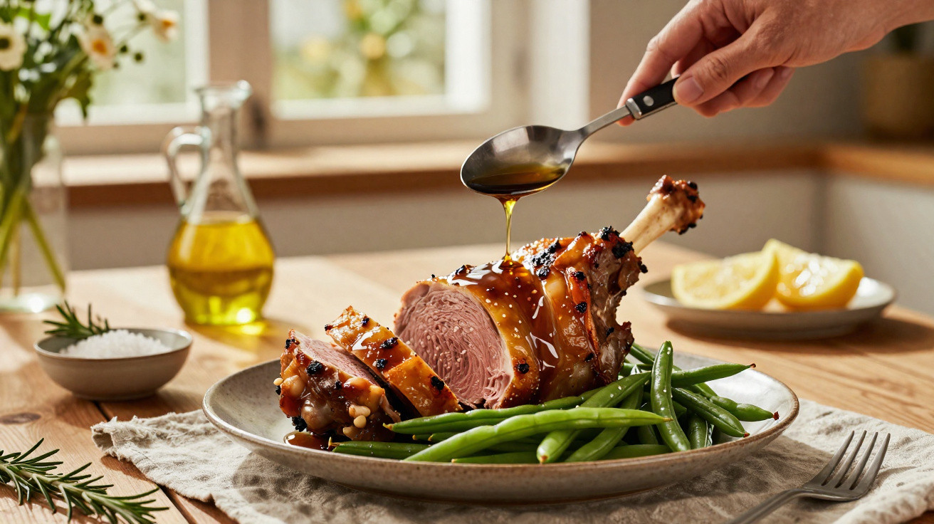 Pernil assado fatiado com molho a ser vertido, servido com feijão-verde num prato sobre mesa de madeira.