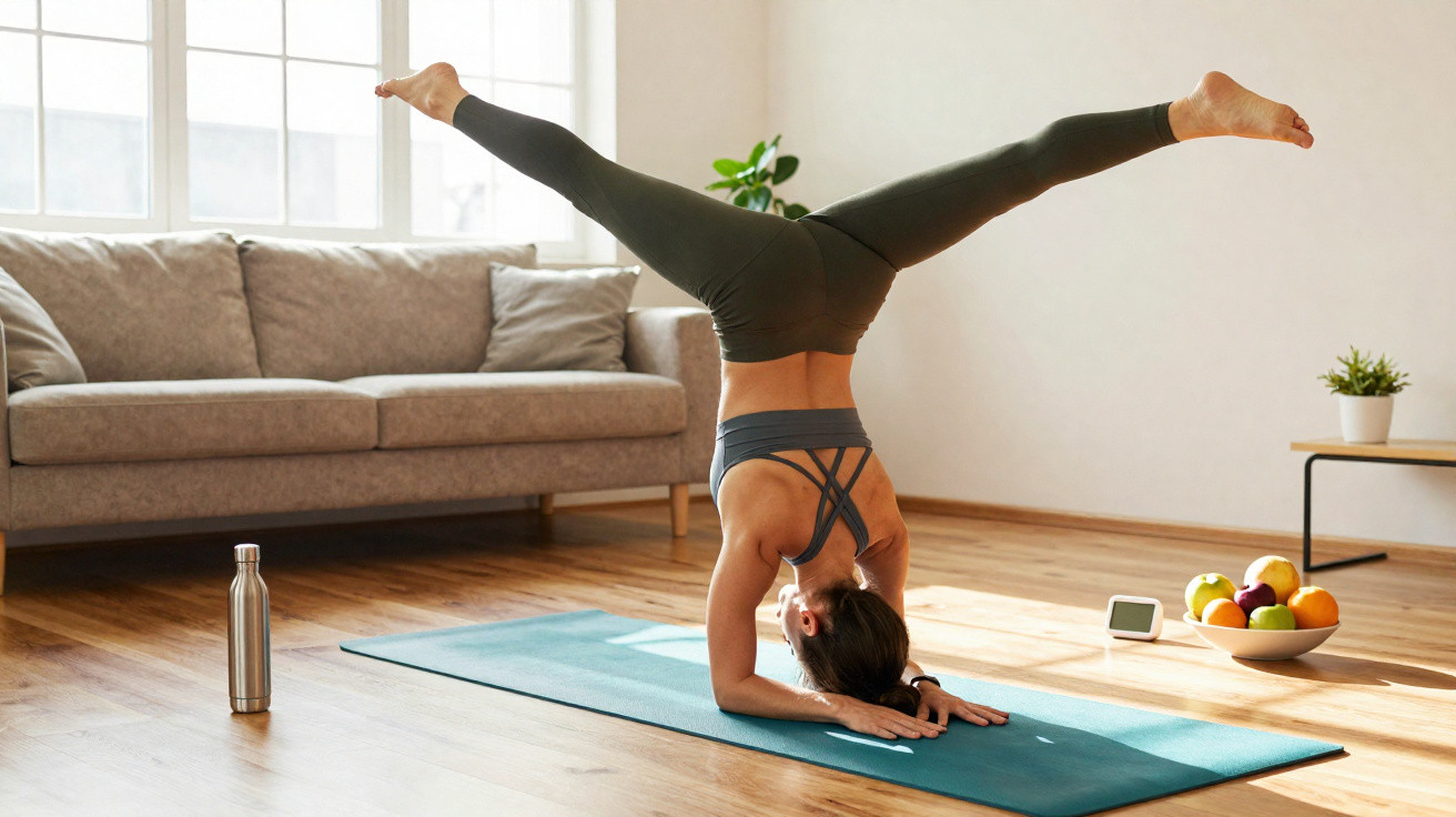 Mulher a fazer yoga em posição invertida numa sala com tapete, sofá, garrafa e frutas.