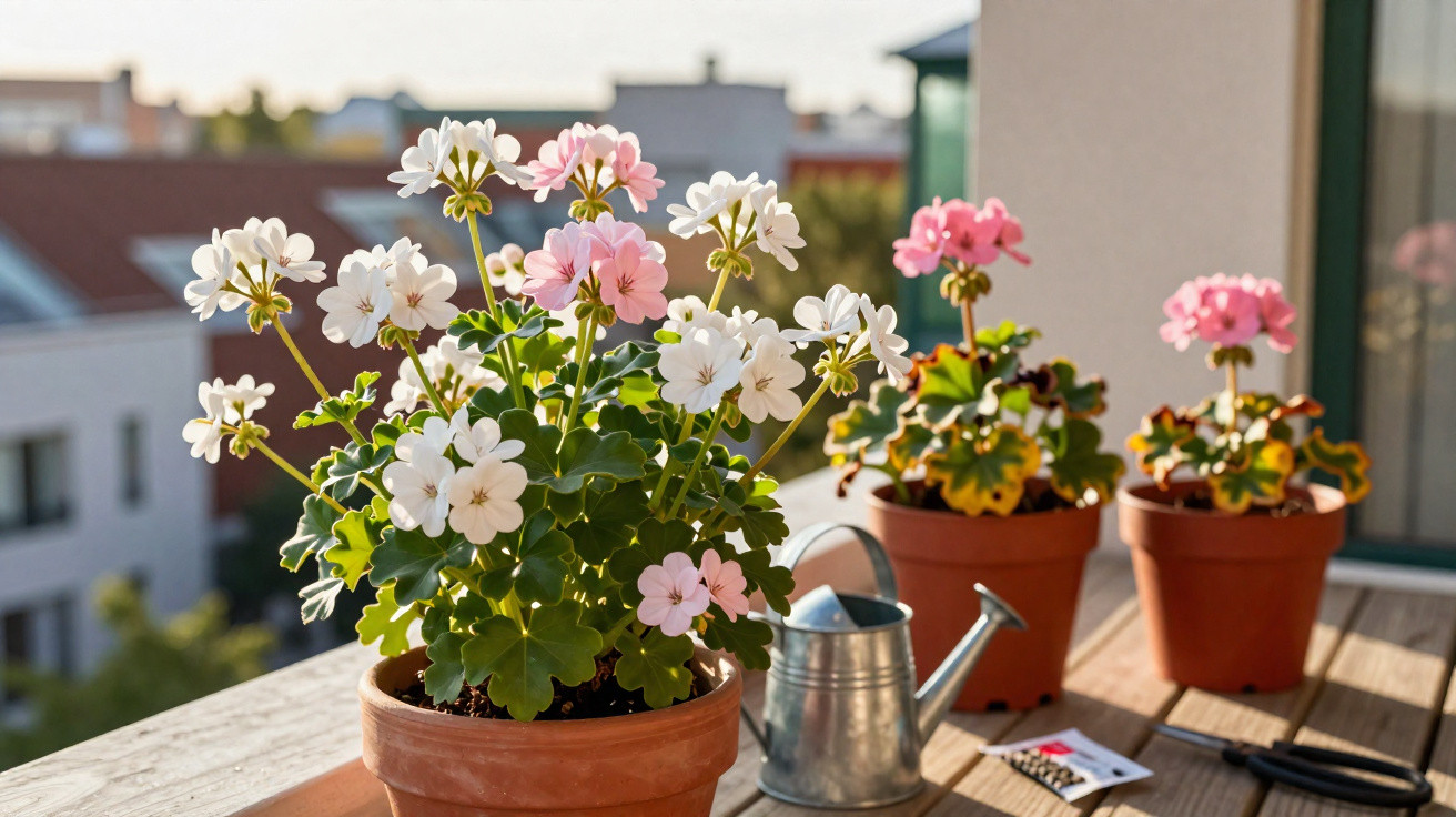 Vasos de flores brancas e cor-de-rosa numa varanda, com regador metálico e tesoura de jardinagem.