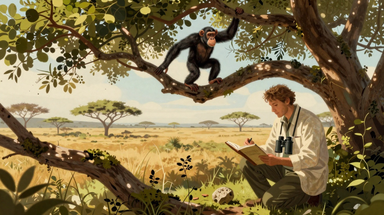 Homem com binóculos escreve num caderno sob uma árvore com um chimpanzé num ramo, numa savana ampla.