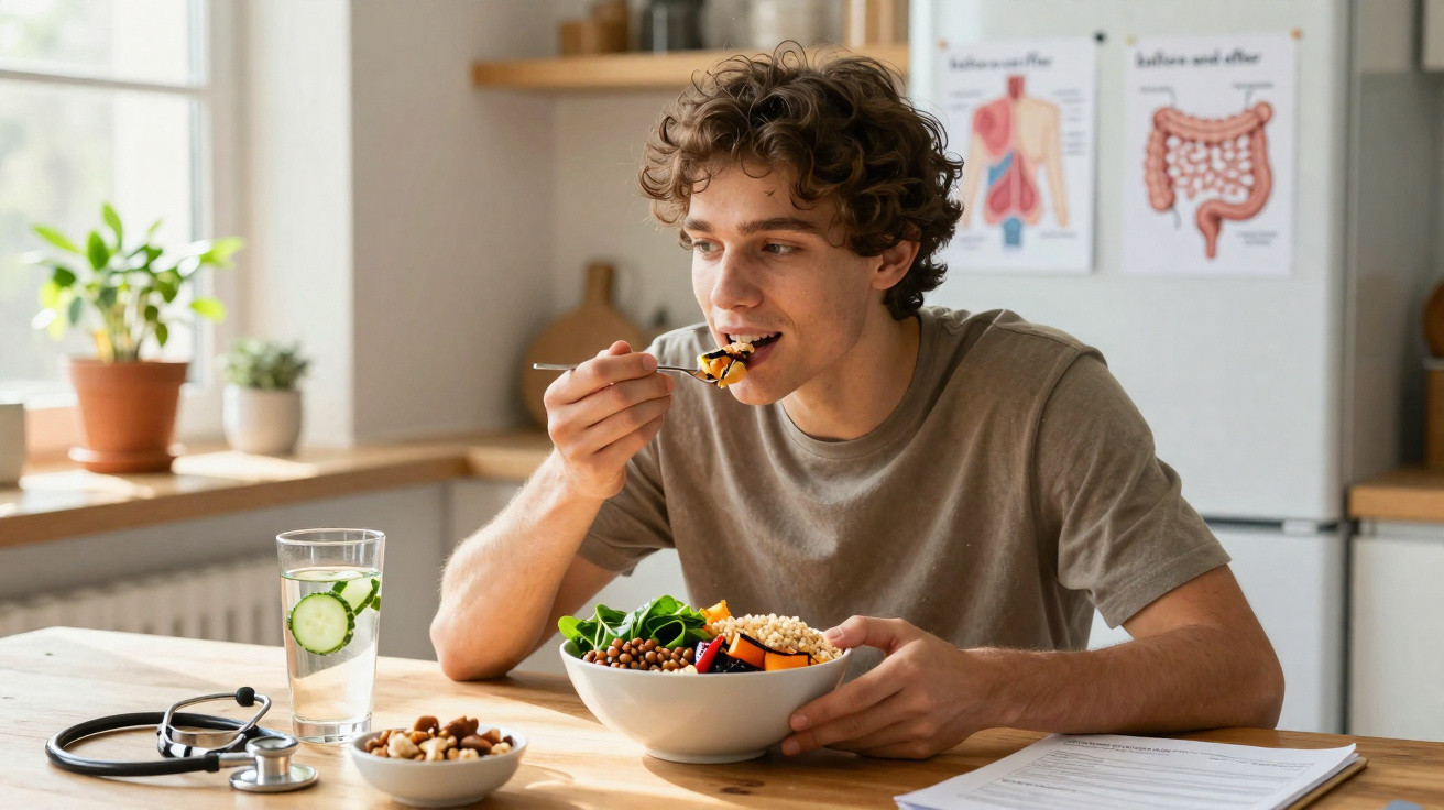 Jovem sentado à mesa a comer uma salada saudável com legumes e grãos, com estetoscópio e documento à frente.