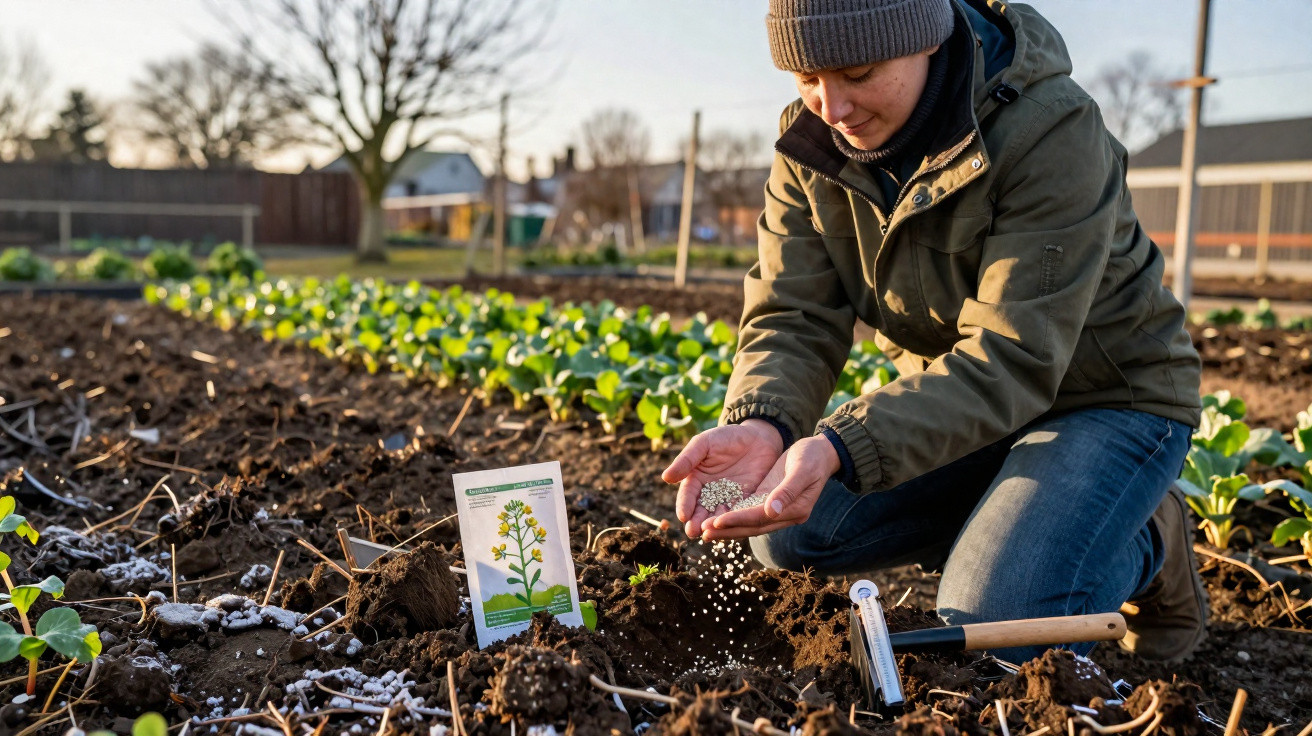 Pessoa semeando fertilizante em campo agrícola com plantas verdes e ferramentas ao lado, ao pôr do sol.