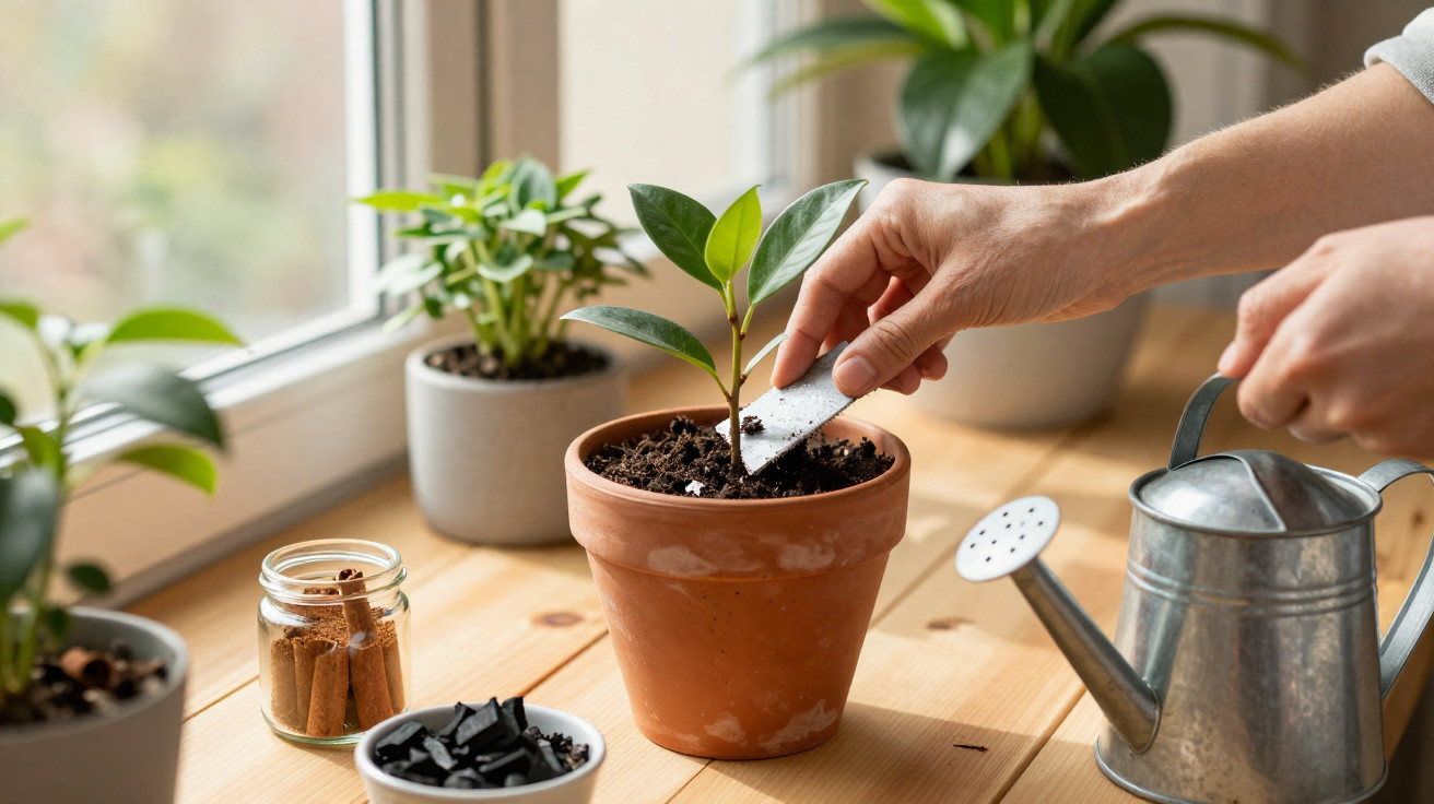 Mãos plantando uma muda em vaso de barro junto a regador e plantas numa mesa junto a uma janela.