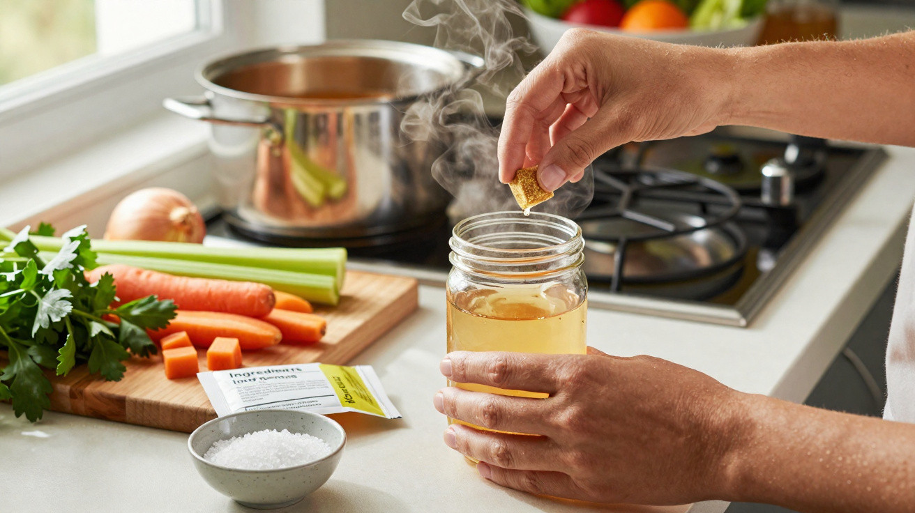 Mãos a dissolver um cubo de caldo numa jarra com líquido, com legumes e panela na cozinha ao fundo.
