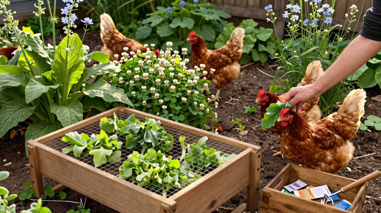 Galinha a ser alimentada com folhas verdes num jardim com flores e caixa de sementes.