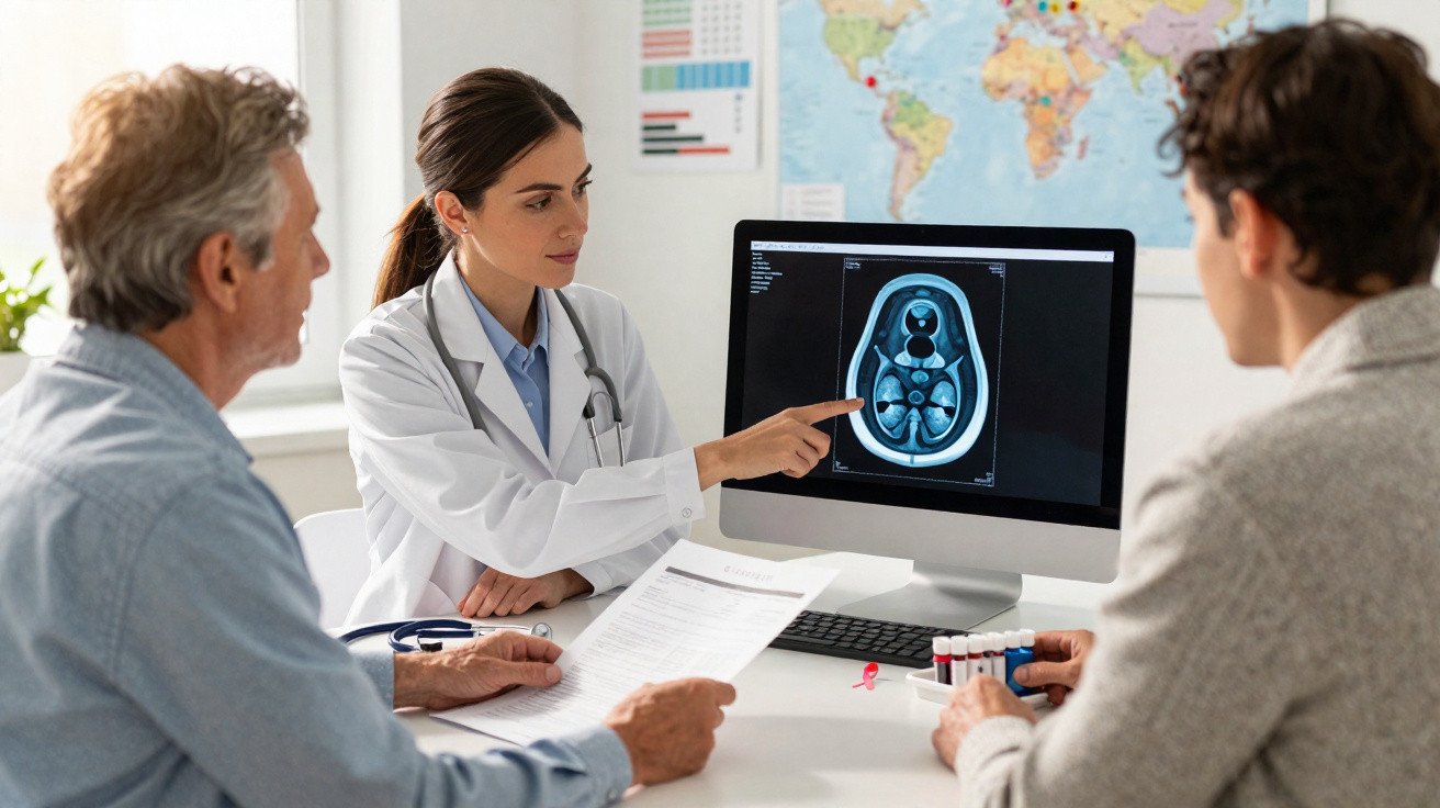 Médica explica a dois pacientes uma imagem de TAC cerebral num computador numa consulta médica.
