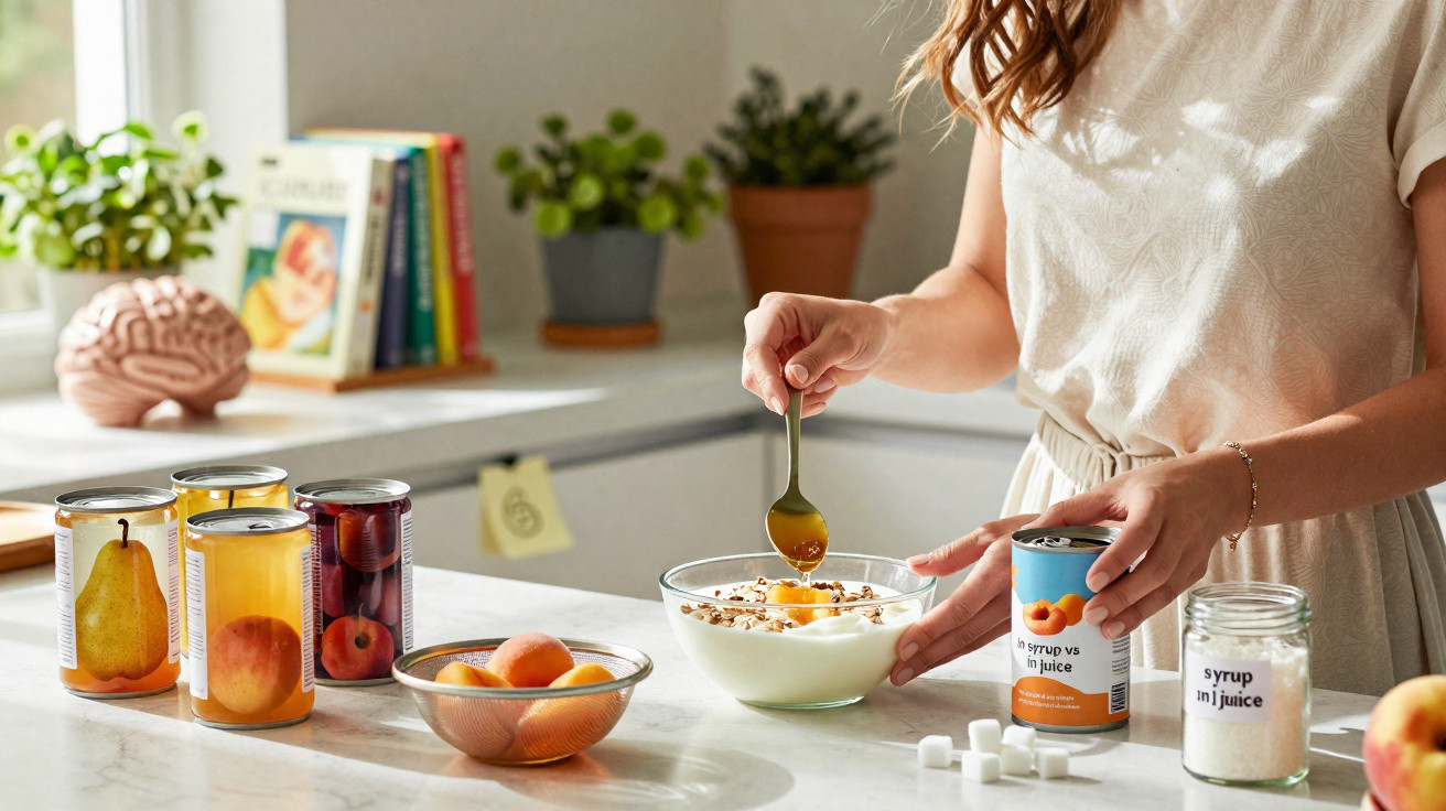 Pessoa a colocar compota numa taça de iogurte com frutos secos numa cozinha iluminada.