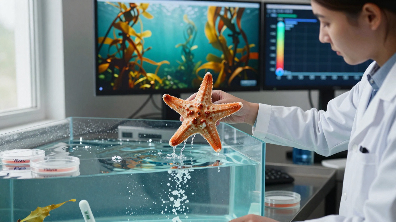 Investigadora em laboratório a segurar uma estrela-do-mar sobre um tanque de água com monitores ao fundo.