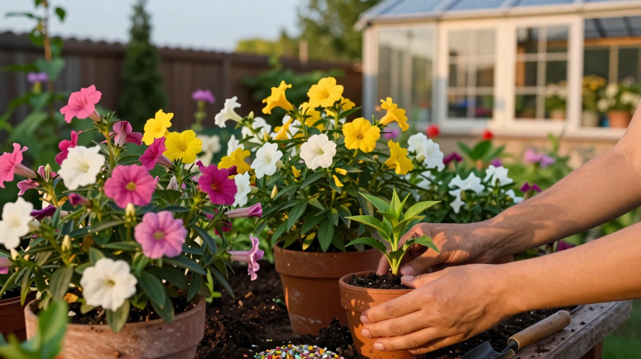 Mãos a plantar uma muda em vaso no jardim com outras flores coloridas em vasos ao redor.