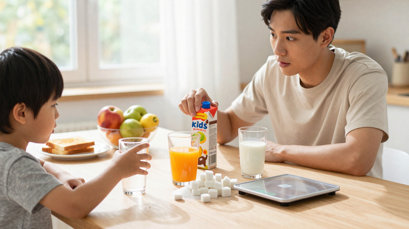 Homem e menino sentados à mesa com bebidas, frutas, torradas e cubos de açúcar.