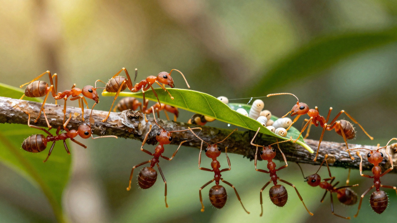 Formigas vermelhas em ramo com folhas verdes e ovos brancos, em ambiente natural desfocado.