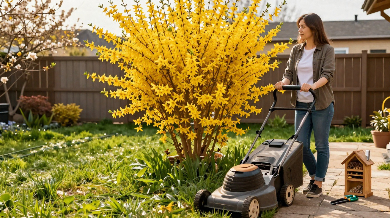 Mulher a cortar relva com corta-relvas num jardim com árvore florida amarela.