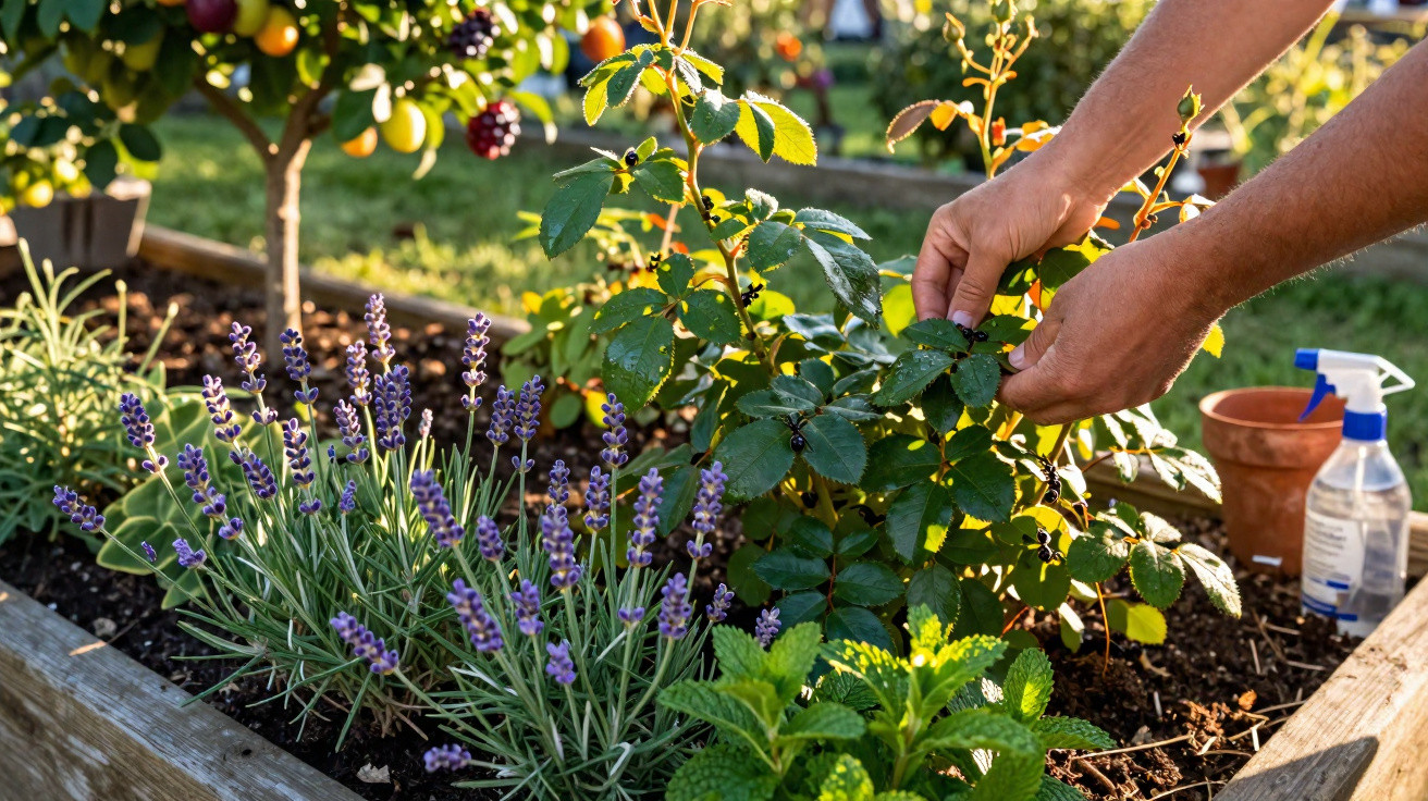 Mãos a cuidar de plantas num canteiro de madeira com flores de lavanda, plantas verdes e fruteiras ao fundo.