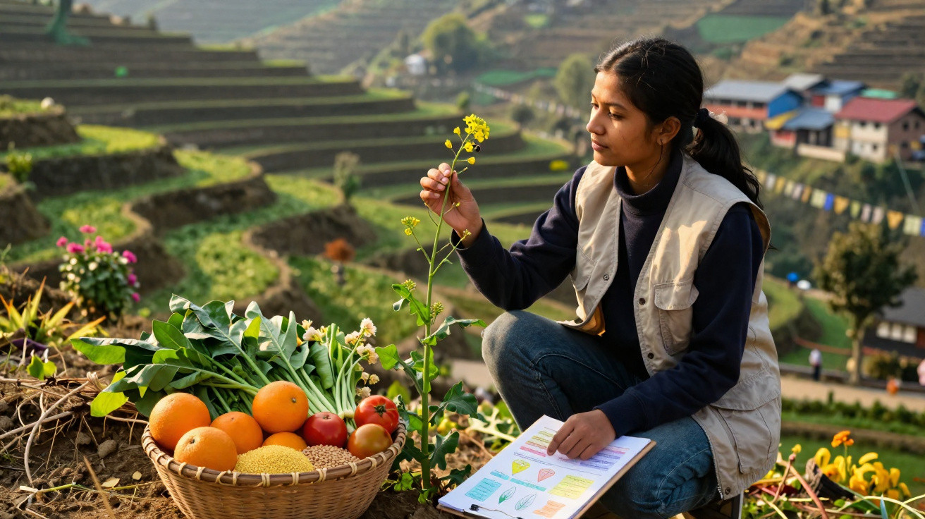 Mulher analisa planta amarela sentada na terra com cesta de legumes e caderno num campo em socalcos.