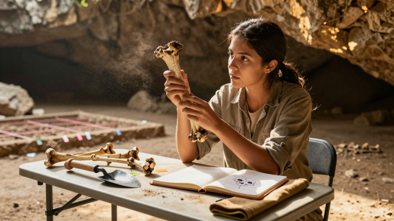 Jovem arqueóloga examina ossos humanos numa mesa dentro de uma caverna para estudo científico.