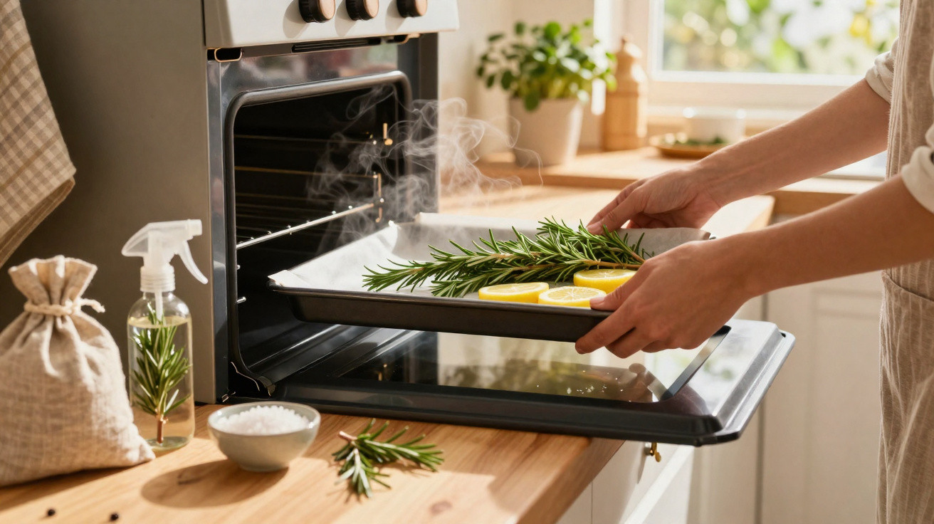 Pessoa a colocar tabuleiro com rodelas de limão e ramos de alecrim num forno na cozinha iluminada.