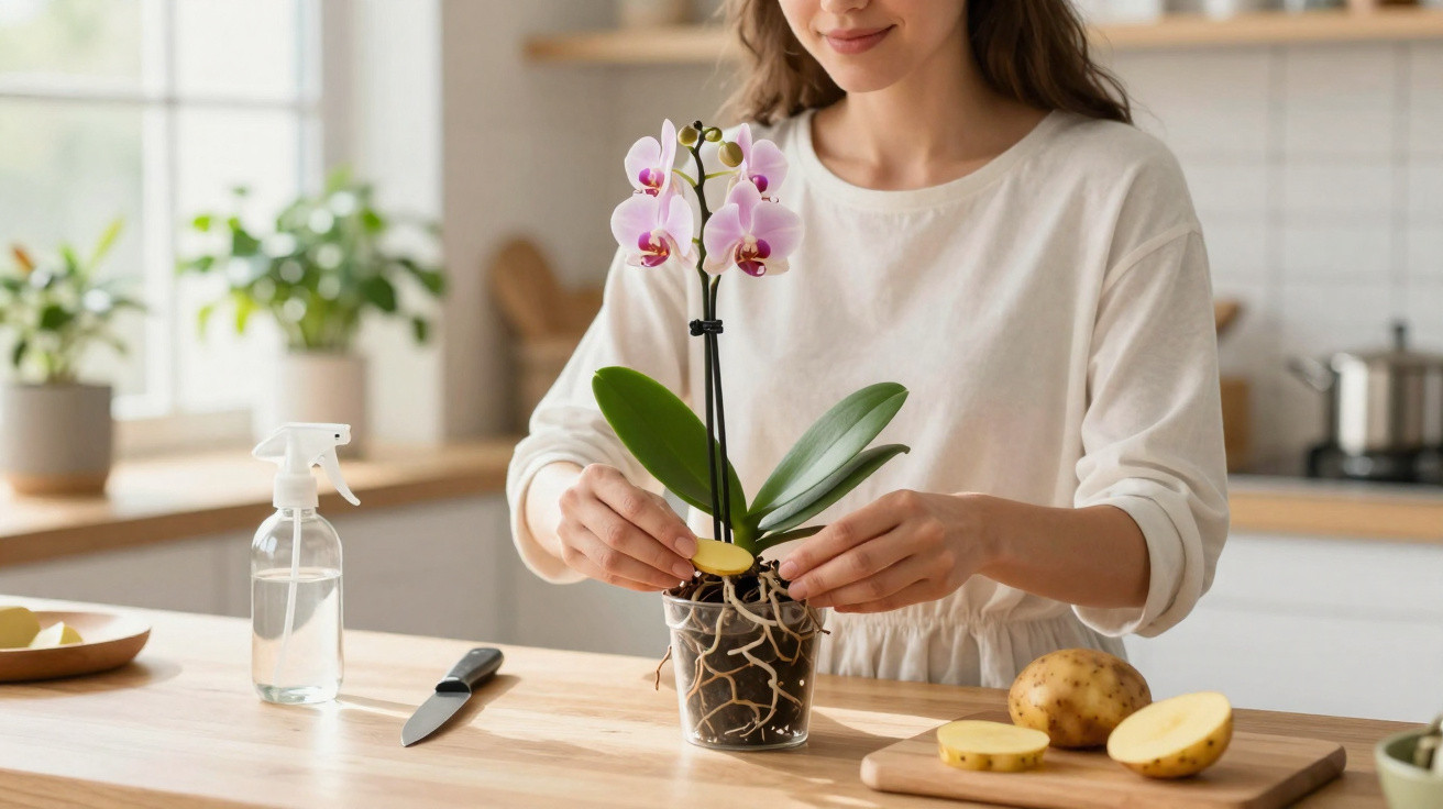 Mulher a tratar de orquídea num vaso transparente numa cozinha moderna, usando batata para proteger raízes.
