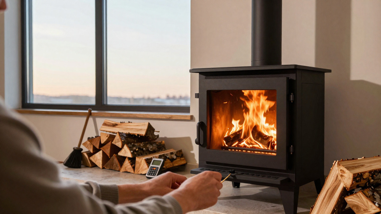 Lareira a lenha acesa num ambiente interior com lenha empilhada e pessoa a acender o fogo.