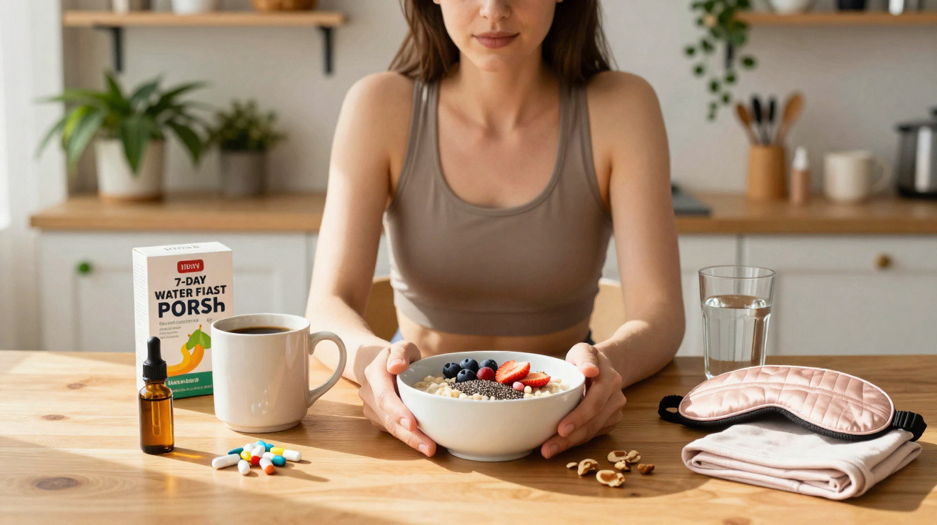 Mulher segura taça com aveia e frutos vermelhos numa mesa com café, comprimidos, água e acessórios de relaxamento.