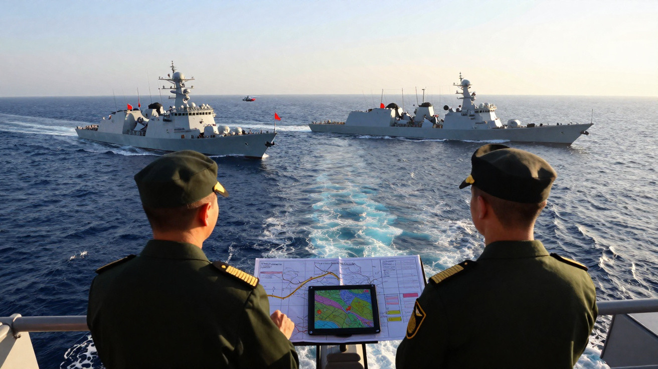Dois militares em uniforme observam dois navios de guerra no mar durante o dia.