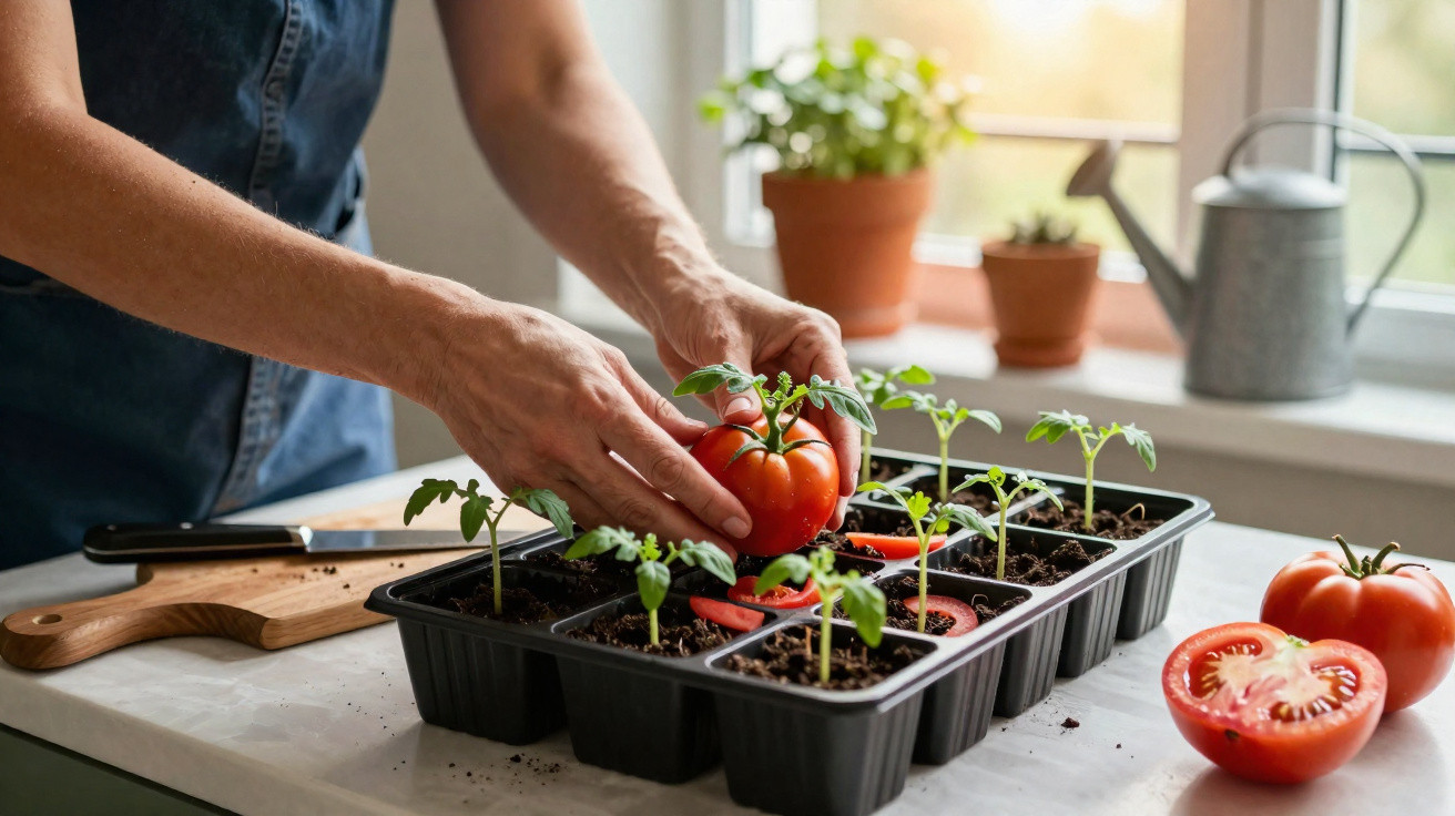 Mãos seguram tomate junto a sementes de tomateiras em tabuleiro numa cozinha com luz natural.