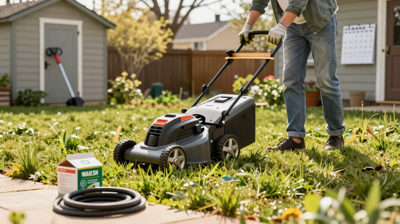 Pessoa a cortar relva num jardim com máquina de cortar relva cinzenta e preta.