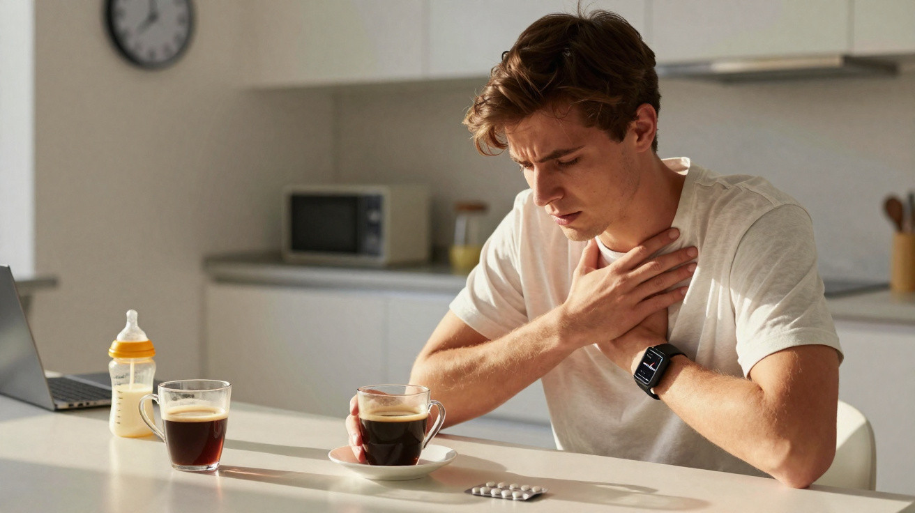 Homem sentado à mesa com expressão de dor no peito, segurando uma chávena de café à sua frente.