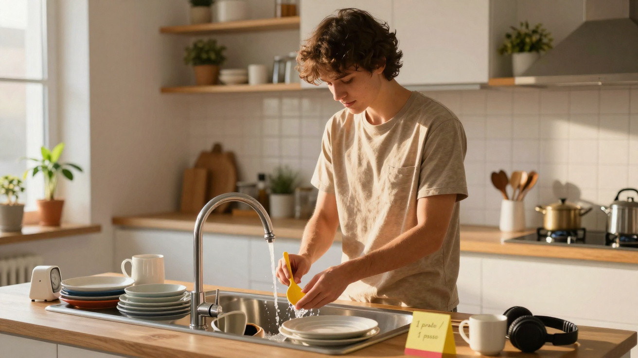Jovem a lavar loiça na cozinha moderna, com luz natural a entrar pela janela.