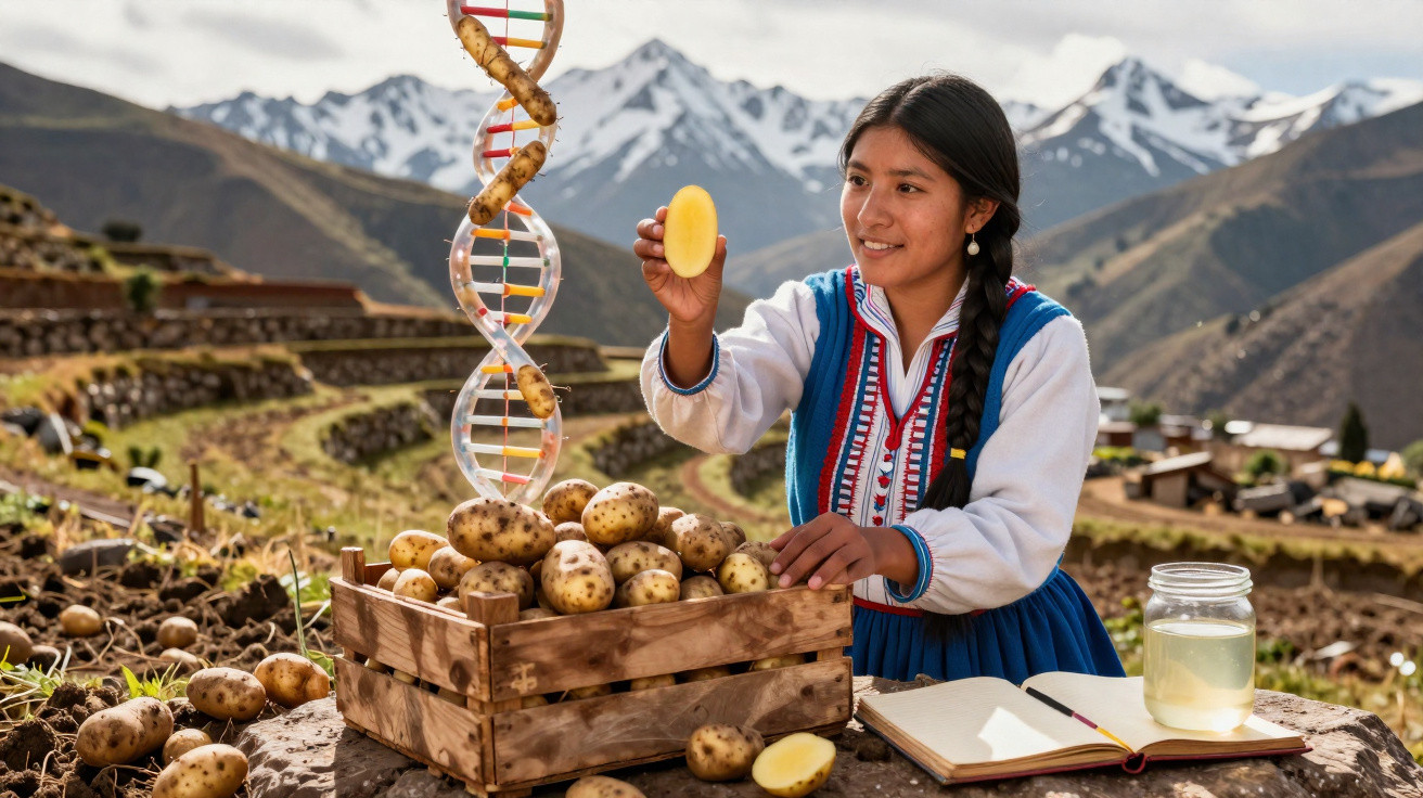 Mulher indígena com vestuário tradicional segura batata em copa cortada perto de caixa com batatas e modelo DNA em montanha.