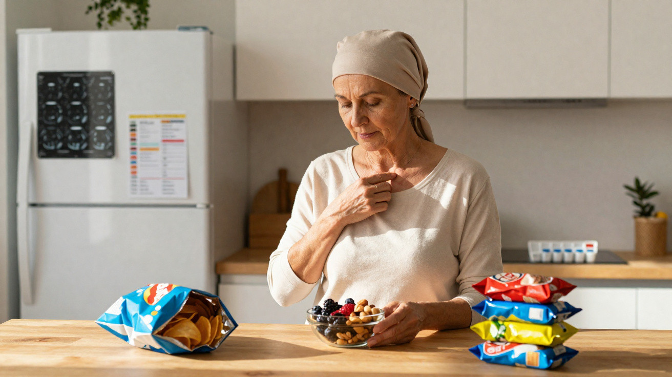 Mulher com lenço na cabeça a escolher frutos secos numa tigela, com pacotes de snacks na mesa da cozinha.