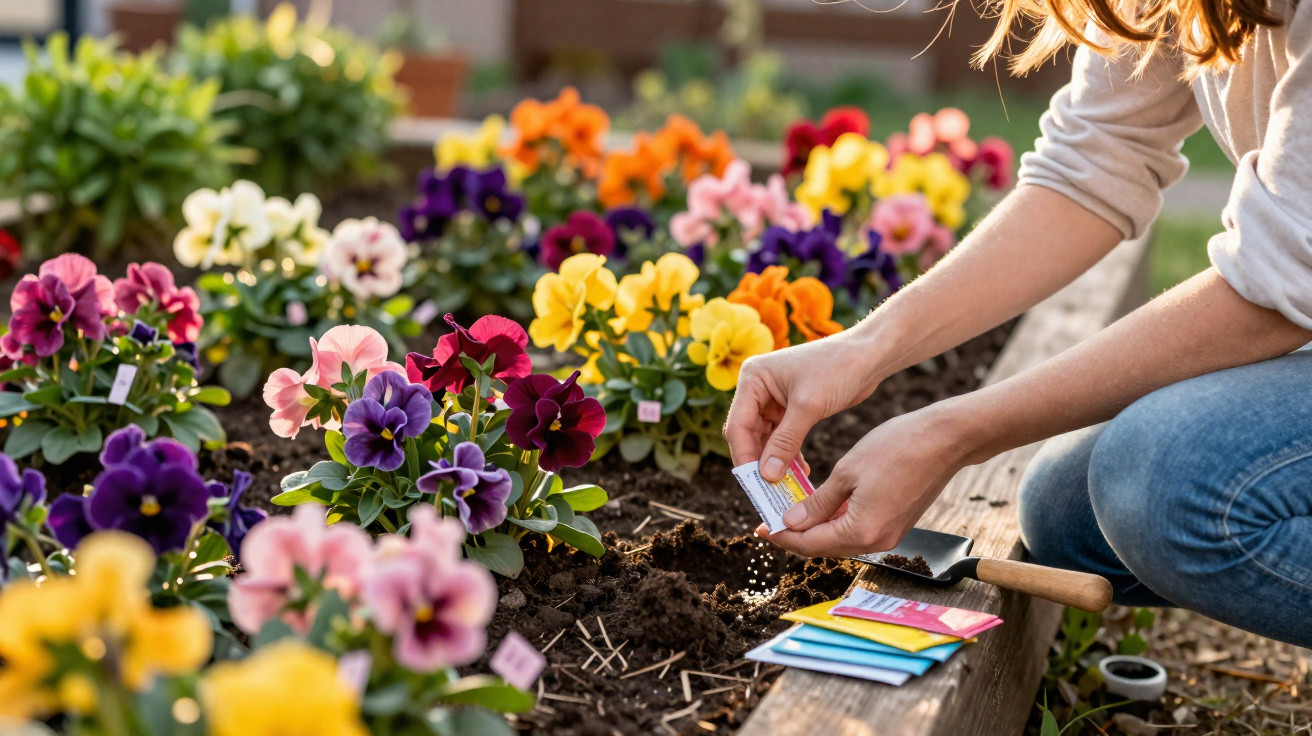 Pessoa a semear flores multicoloridas num jardim elevado em dia ensolarado.