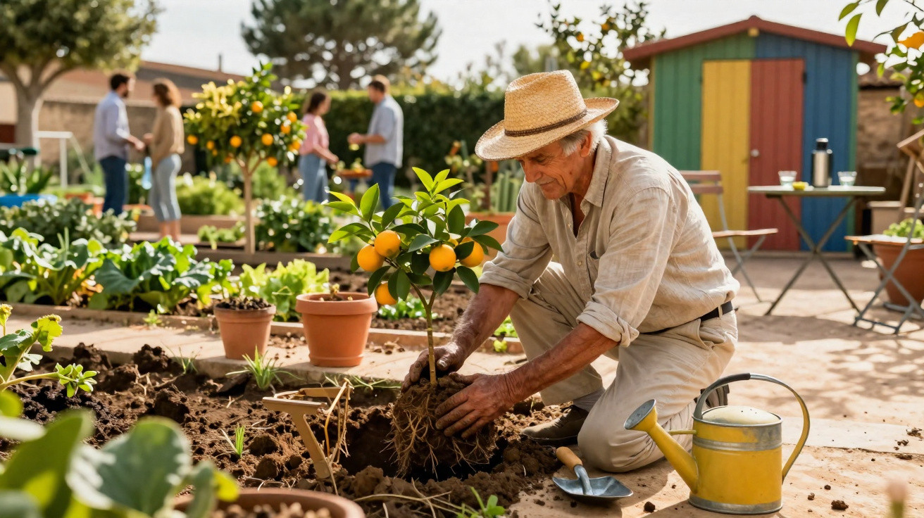 Homem idoso a plantar uma pequena árvore de citrinos num jardim comunitário ensolarado.