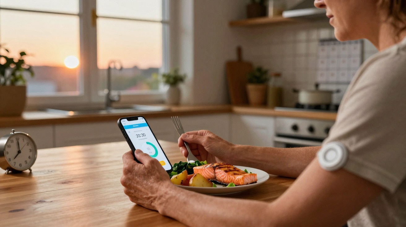 Pessoa a ver aplicação de monitorização de saúde no telemóvel enquanto janta salmão grelhado com legumes na cozinha.