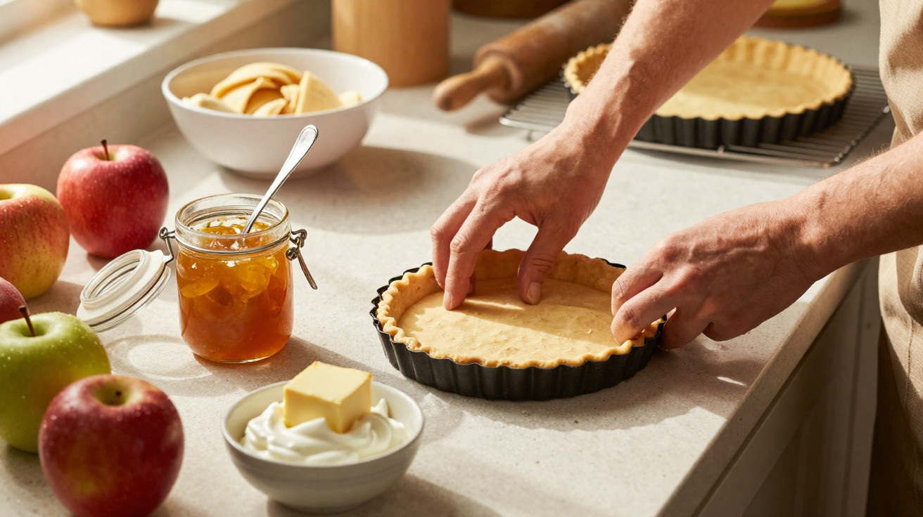 Mãos a colocar massa numa forma para tarte, com maçãs, manteiga, creme e compota numa bancada de cozinha.