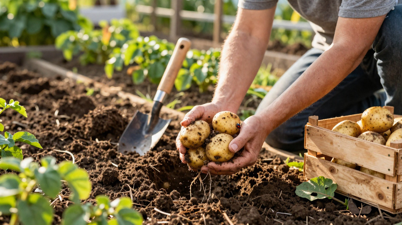 Pessoa a colher batatas do solo numa horta com enxada e caixa de madeira ao lado.
